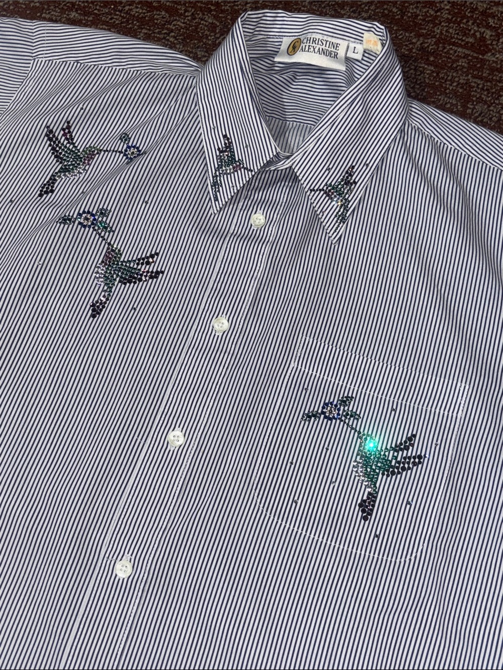 Christine Alexander button down shirt nautical‎ stripe hummingbird embellished L